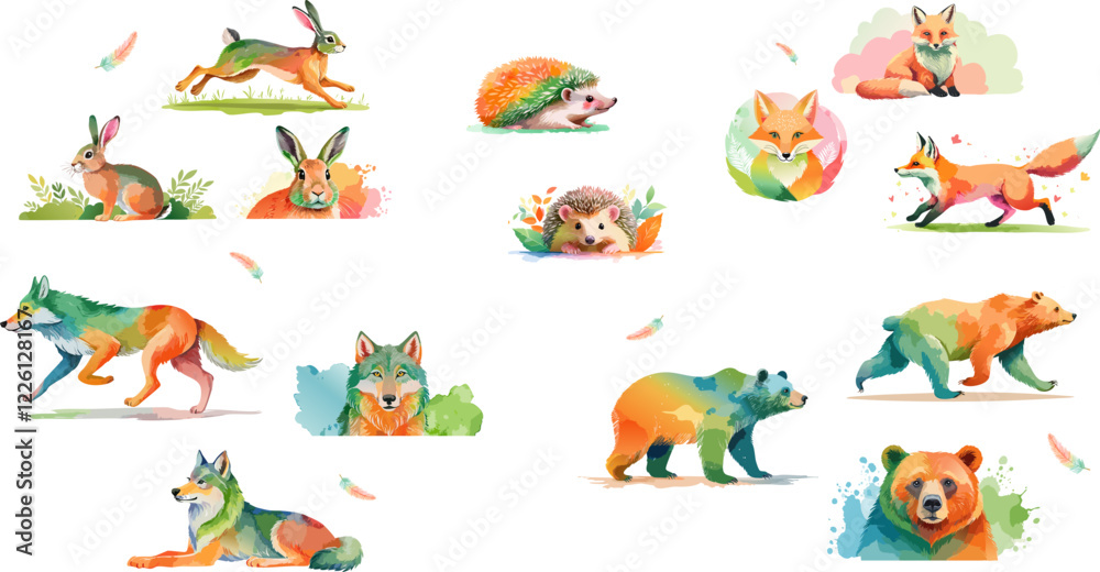 Naklejka premium Set of vector watercolor images of forest animals in orange, green, pink and blue shades. Fox, hare, bear, wolf and hedgehog
