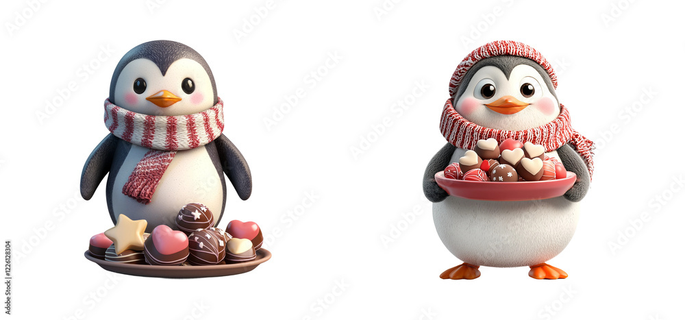 Cute Penguins with Sweets on Transparent Background