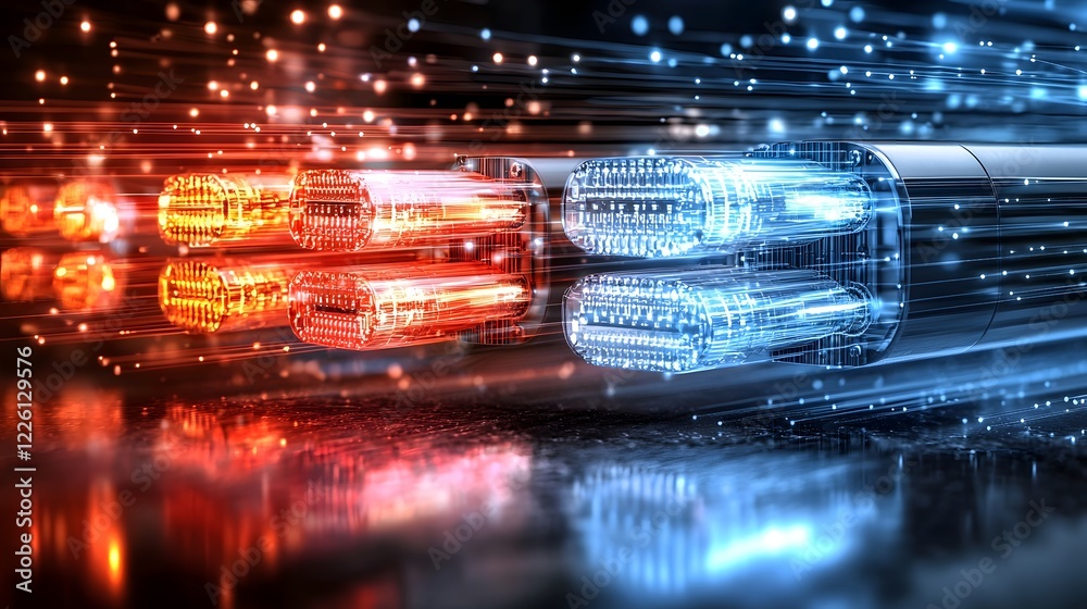 Futuristic background showcasing luminous fiber optic cables with dynamic light rays and smooth gradients Futuristic background showcasing luminous fiber optic cables with dynamic light rays and smooth gradients