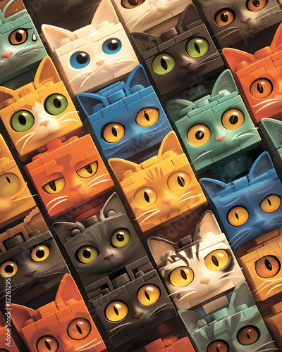 Kreative Katzenköpfe aus Bausteinen – Digitale 3D-Illustration photo