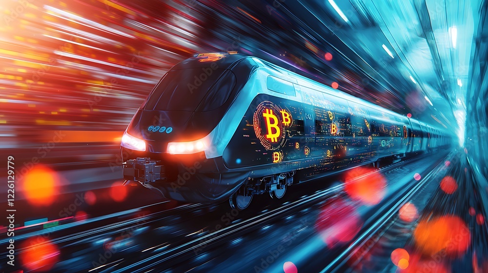Fototapeta premium Futuristic Train with Bitcoin Graphics in Motion
