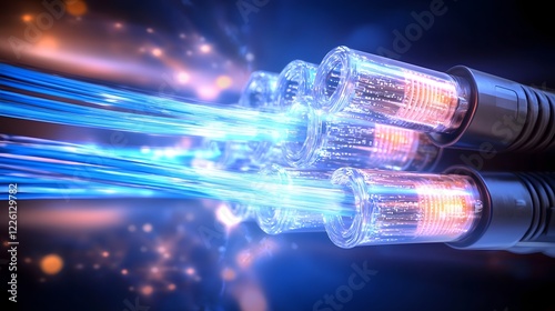 of glowing fiber optic cables with dynamic blue and orange light streams symbolizing cutting edge high speed internet and data transfer technology innovations set against a futuristic dark background