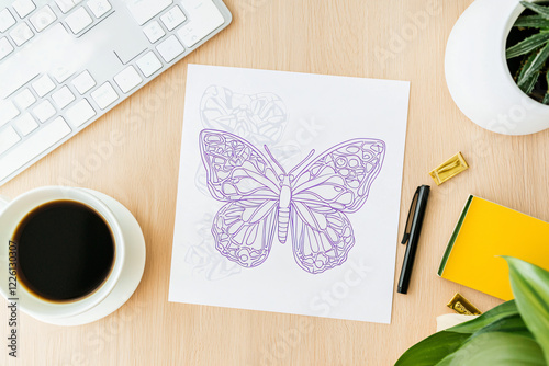 butterfly mandala coloring spread, minimalist desk photo