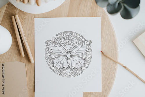 butterfly mandala coloring spread, minimalist desk photo