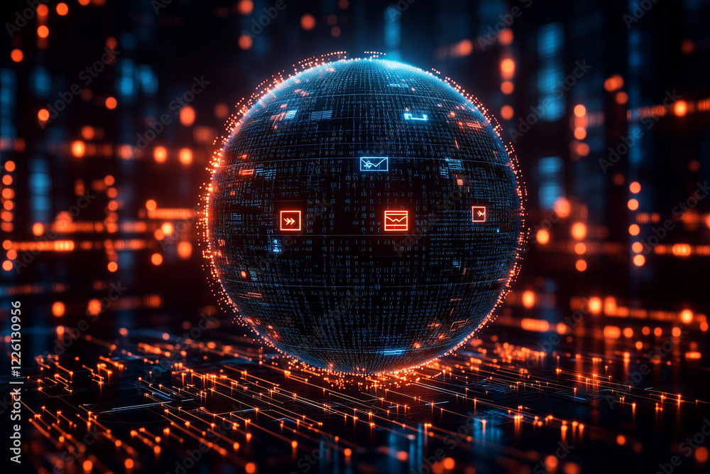 Fototapeta premium Exploring Digital Frontiers: A Globe Surrounded by Data Streams and Encryption Symbols