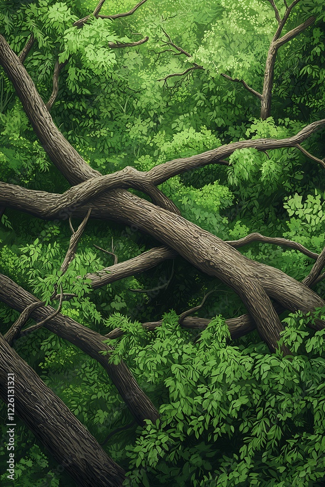 Obraz premium Lush Green Forest with Twisted Branches and Leaves