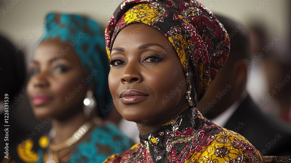 Fototapeta premium Woman in Headwrap, Confident Pose, Indoor Event, Blurred Background, Portrait