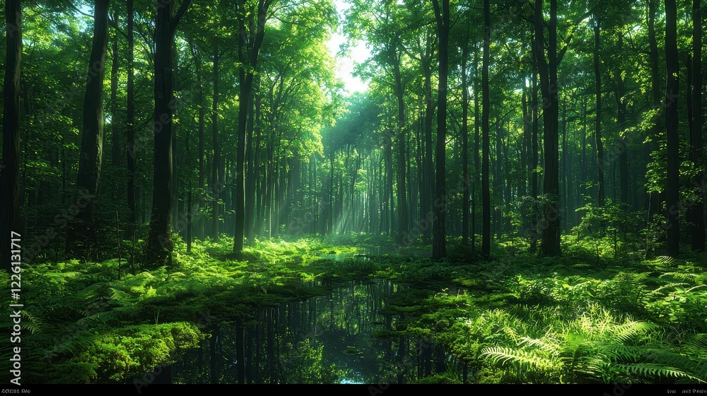 Sunlit Forest Path, Green Canopy, Tranquil Nature Scene, Background Peaceful, Wallpaper Sunlit Forest Path, Green Canopy, Tranquil Nature Scene, Background Peaceful, Wallpaper