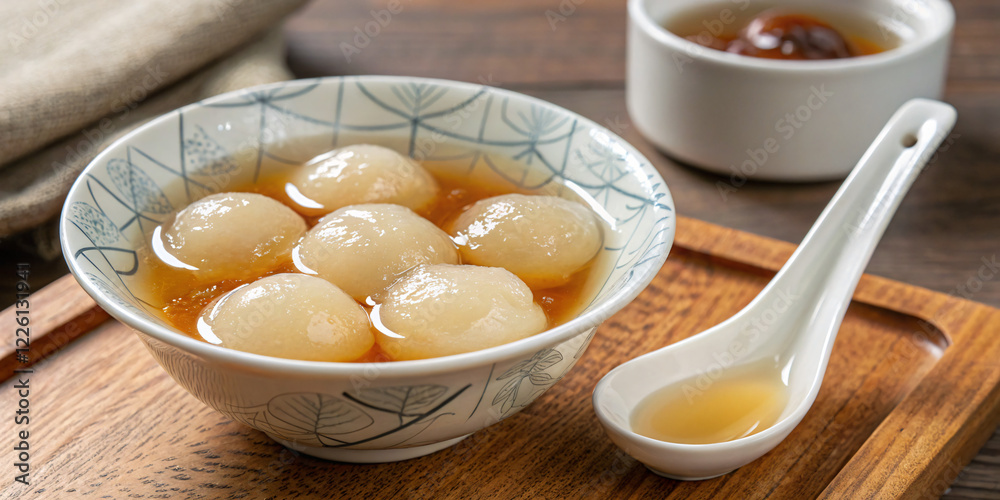 Bowl of sweet glutinous rice balls in clear ginger syrup, served with a porcelain spoon on a wooden table Bowl of sweet glutinous rice balls in clear ginger syrup, served with a porcelain spoon on a wooden table