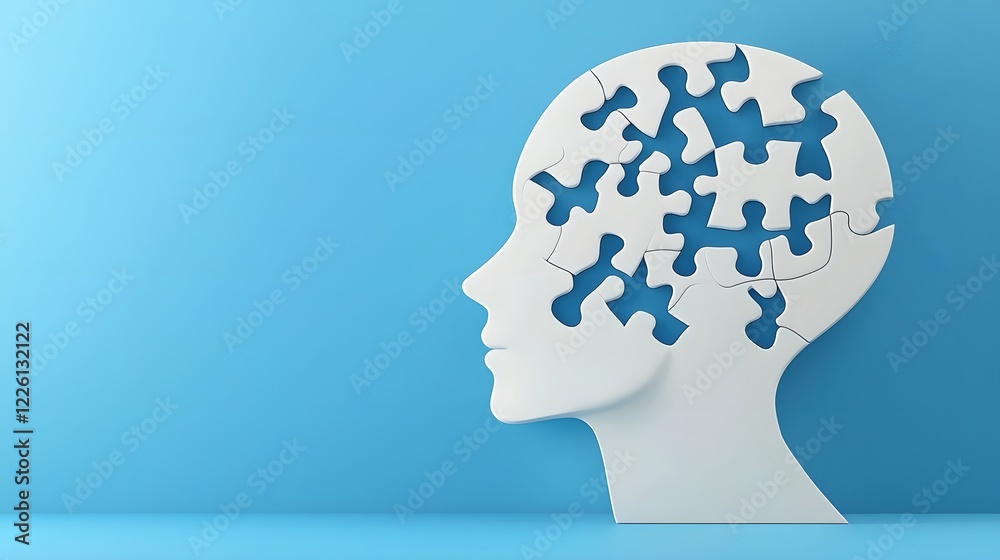 Fragmented Mind A Modern Abstract Design Featuring a Head Represented as a Puzzle with Pieces Falling Out Highlighted Against a Gradient Blue Background Fragmented Mind A Modern Abstract Design Featuring a Head Represented as a Puzzle with Pieces Falling Out Highlighted Against a Gradient Blue Background