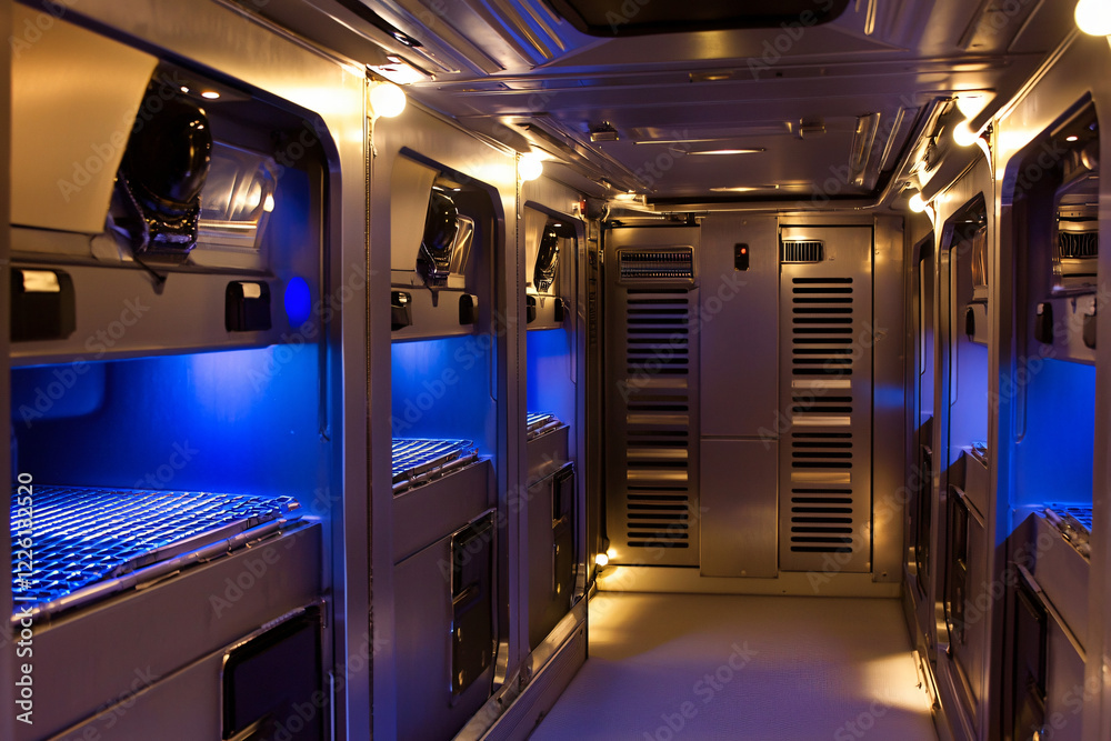 Fototapeta premium futuristic spacecraft corridor, ambient blue lighting, sleek metal surfaces