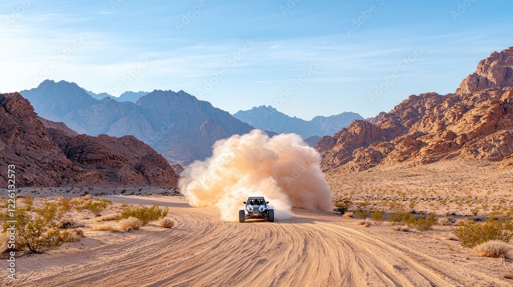 Desert dune buggy racing, dust cloud, mountain backdrop; adventure travel poster