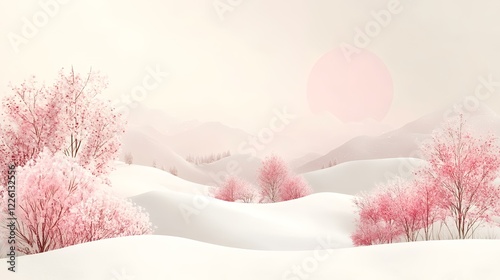 Pink winter landscape, snow-covered hills, pink trees, sunrise, serene nature scene for winter backgrounds
