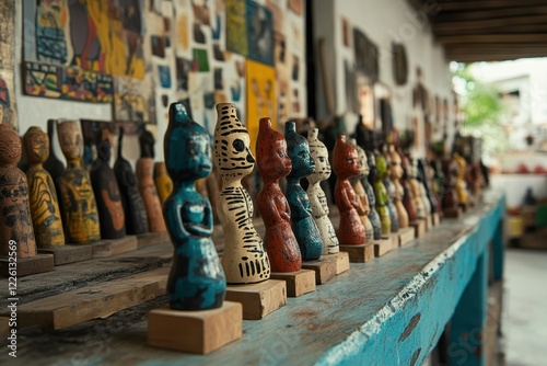 Colorful Handmade Figurines on Display in Artisan Workshop Showcasing Vibrant Artistry and Local Craftsmanship in a Charming Cultural Environment photo