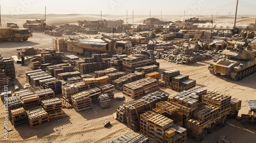 Soldier walking near tanks and supply crates at a military depot in the desert