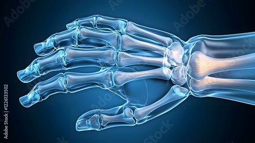 Detailed X Ray Visualization of the Human Hand Anatomy Highlighting the Intricate Structure of Bones Joints and Ligaments Against a Gradient Blue Background for Medical Healthcare and Scientific photo