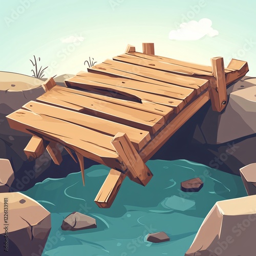 Cartoon Broken Wooden Bridge Illustration for Conceptual Design Projects