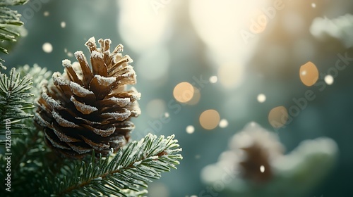 Snowy pine cone on fir branch, winter forest bokeh background.  Holiday card, website design