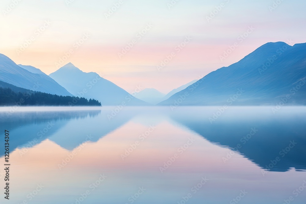 A calm and misty sunrise scene shows a still lake mirroring pastel skies and distant mountains, offering a sense of tranquility and natural beauty in the moment. A calm and misty sunrise scene shows a still lake mirroring pastel skies and distant mountains, offering a sense of tranquility and natural beauty in the moment.