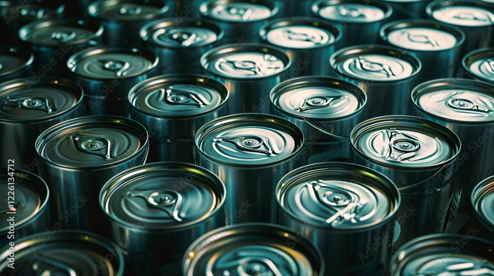 Shiny metal cans lined up and ready to be shipped to consumers and supermarkets Shiny metal cans lined up and ready to be shipped to consumers and supermarkets