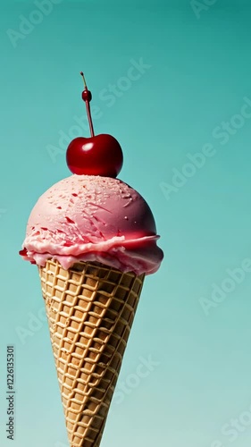 Delicious pink ice cream cone topped with a cherry against a bright blue backdrop