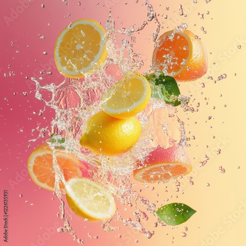 Fresh lemons and oranges caught mid-splash, creating a dynamic and refreshing visual with water droplets, embodying vitality and zest against a warm backdrop. photo