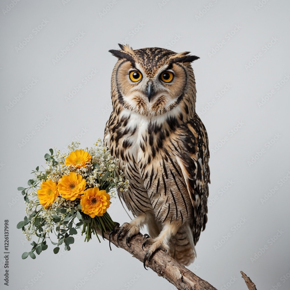 Fototapeta premium An owl carrying a bouquet of flowers in its beak, perched delicately on a branch against a white background.