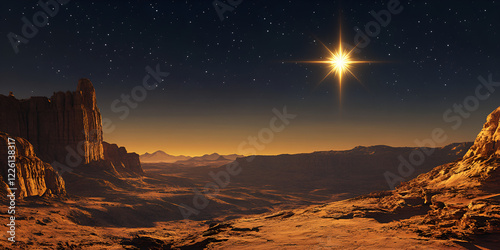 Glowing Star of Bethlehem Over Desert Landscape photo