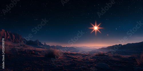 Glowing Star of Bethlehem Over Desert Landscape photo