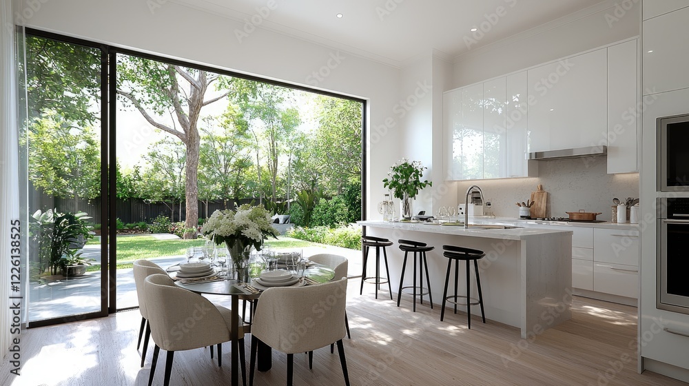 Modern kitchen & dining area with garden view