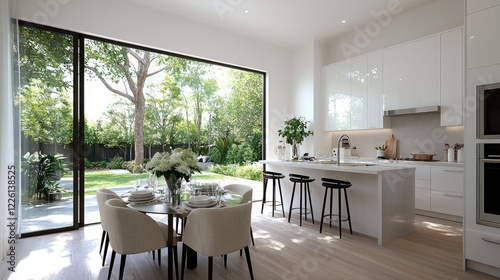 Modern kitchen & dining area with garden view