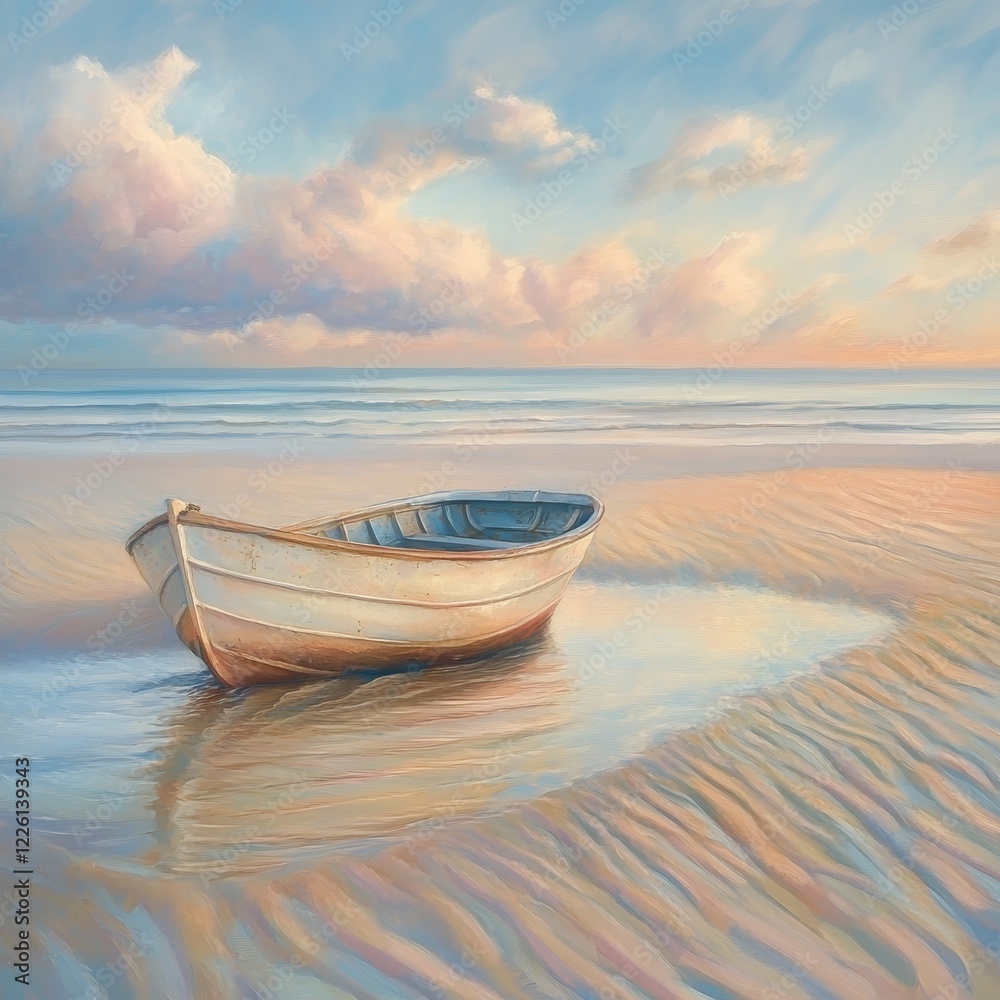 A picturesque rowboat sits peacefully on a tranquil beach as the sun rises, with pastel skies reflecting on the water, capturing calm and timeless beauty. A picturesque rowboat sits peacefully on a tranquil beach as the sun rises, with pastel skies reflecting on the water, capturing calm and timeless beauty.