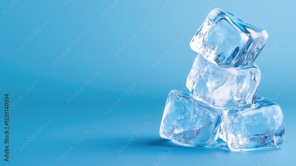 Stacked ice cubes on blue background, cool refreshment concept Stacked ice cubes on blue background, cool refreshment concept