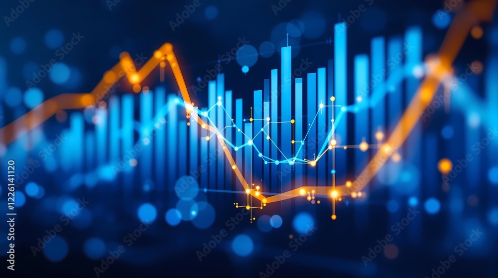Obraz premium Futuristic financial data analysis chart, stock market investment and business growth, abstract digital technology visualization background for economic trends and market report presentation