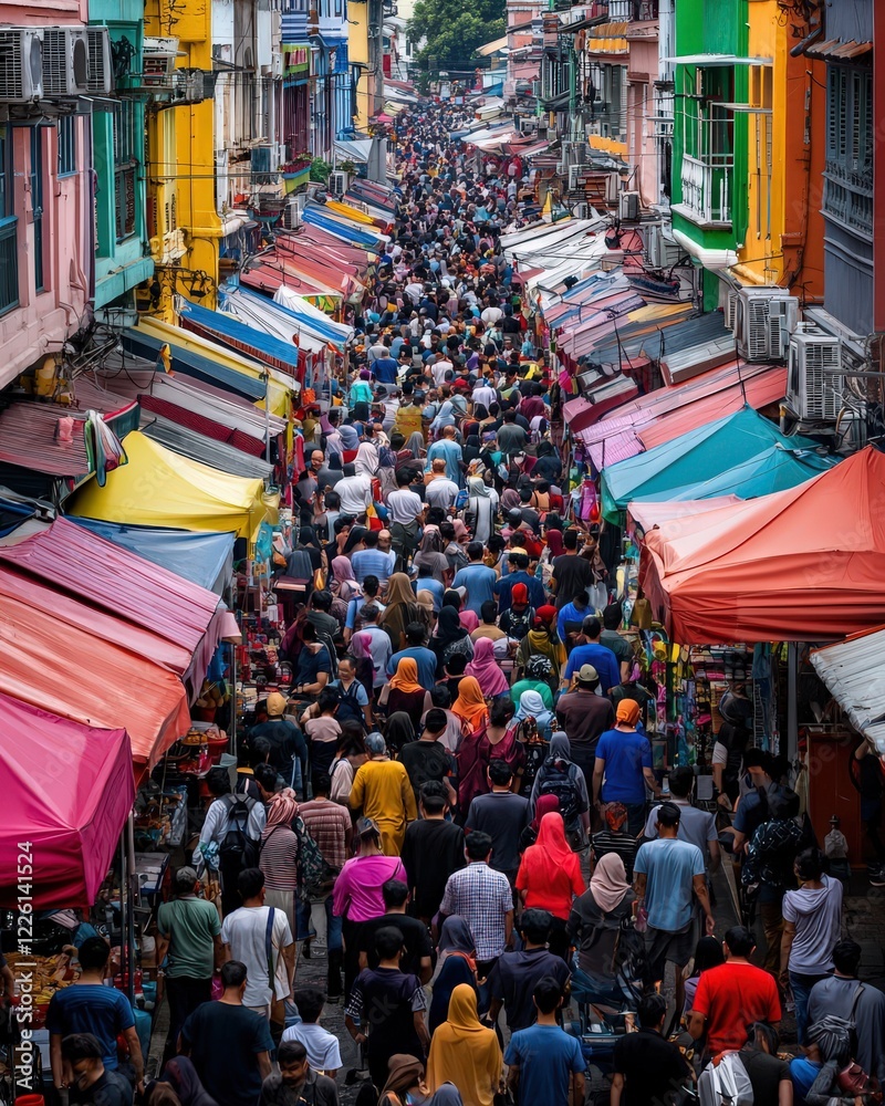 Obraz premium Vibrant city street market with colorful stalls, food vendors, and crowds of people
