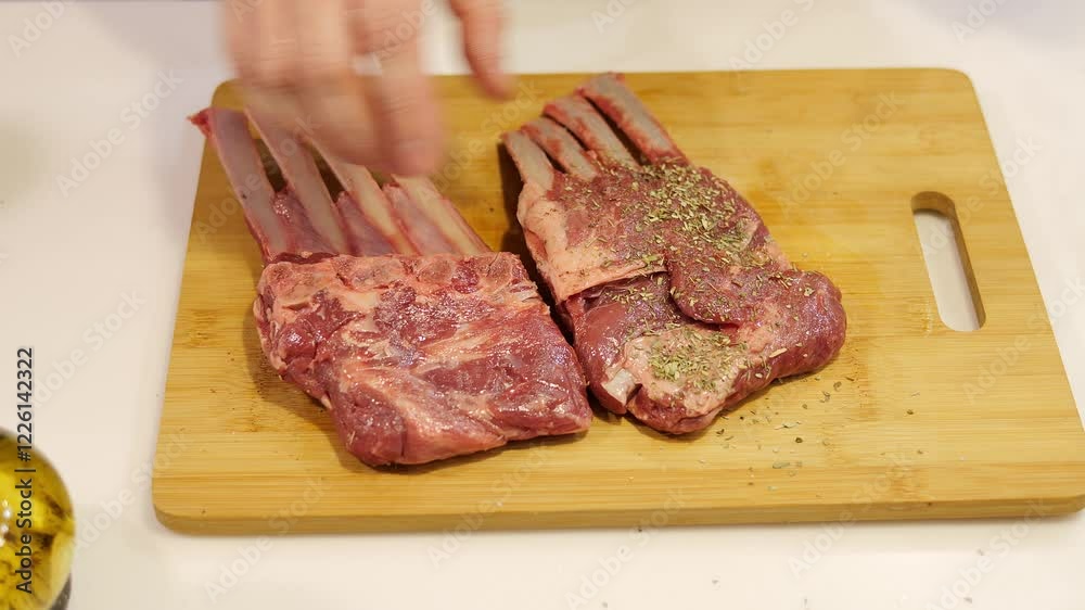 Man preparing ribs for grilling by seasoning rubbing and flipping meat on wooden board Fresh meat spiced for smoky barbecue flavor Perfect grilling preparation showcasing meat seasoning techniques Man preparing ribs for grilling by seasoning rubbing and flipping meat on wooden board Fresh meat spiced for smoky barbecue flavor Perfect grilling preparation showcasing meat seasoning techniques