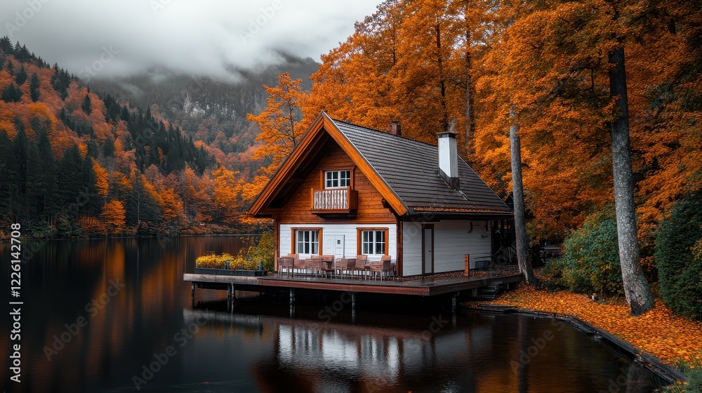 Fototapeta premium Serene Autumn Landscape Featuring Charming Wooden Cottage Surrounded by Vibrant Orange and Yellow Foliage with Still Reflections on Calm Lake Surface