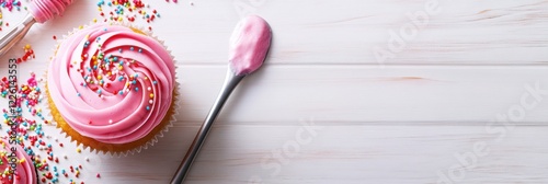 Overhead view of a vibrant cupcake decorating setup with icing sprinkles and tools