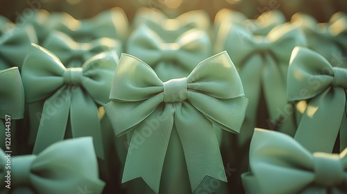 Many sage green bows arranged in a row
