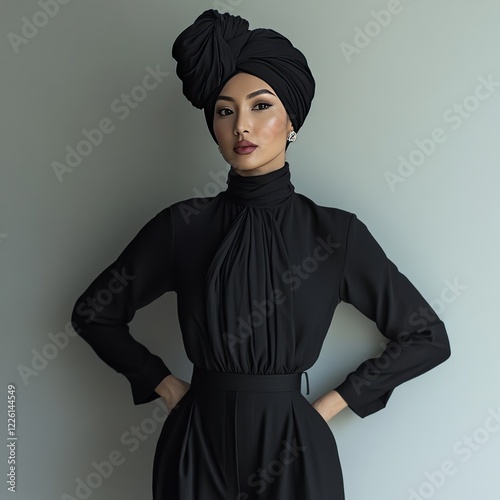 A hijab fashion editorial featuring a woman dressed in a black top and pants, exuding style and elegance.