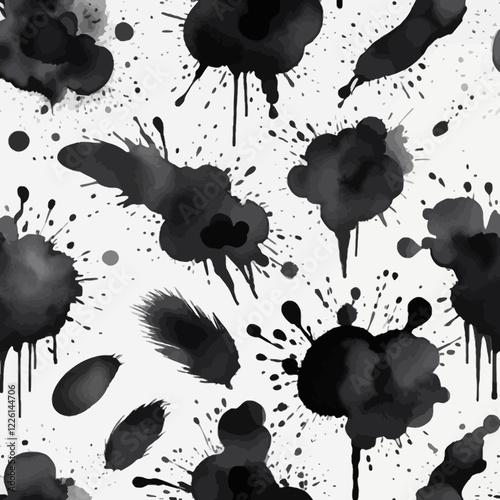 Set of abstract bright black watercolor splashes on a white background. Vector watercolor texture in salad color. Ink paint brush stain. Shiny black dot splattered. Watercolor pastel splash