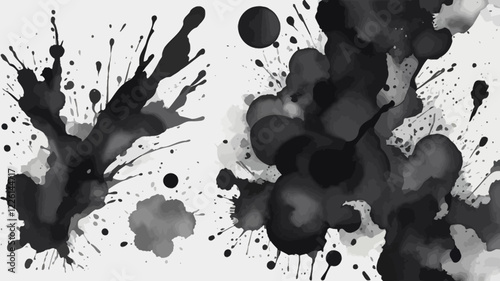 Set of abstract bright black watercolor splashes on a white background. Vector watercolor texture in salad color. Ink paint brush stain. Shiny black dot splattered. Watercolor pastel splash