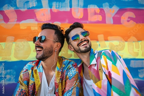 Two stylish men in vibrant shirts and sunglasses share a laugh in front of a colorful rainbow wall