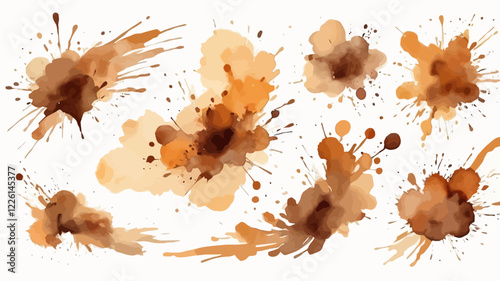 Set of abstract bright brown watercolor water splashes on a white background. Vector watercolor texture in salad color. Ink paint brush stain. Bright brown spot splashed. Watercolor pastel splash