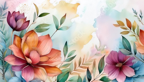 Whimsical Watercolor Masterpiece Vibrant Flowers and Leaves Amidst Scribbled Rough Brush Strokes, Intricate Textures, and a Breathtaking Background