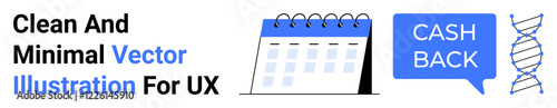 Calendar illustration with spiral binding, cashback comment bubble in blue, and a DNA helix. Ideal for UX, business planning, rewards, science, finance research or medical themes. Perfect for flat