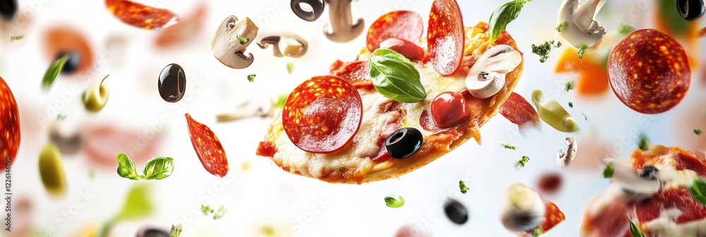 Flying toppings create a delicious spectacle above pizza base with vibrant colors and textures Flying toppings create a delicious spectacle above pizza base with vibrant colors and textures