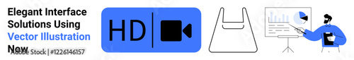 HD media playback icon, shopping bag, person presenting analytics on a screen. Ideal for e-commerce, education, business strategy, tech solutions, data visualization, online streaming flat landing