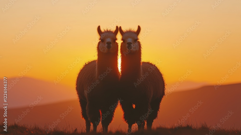 Two serene llamas standing together on a hilltop at sunset, their fur glowing in the warm light. Two serene llamas standing together on a hilltop at sunset, their fur glowing in the warm light.
