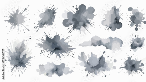 Set of abstract bright gray watercolor splashes on a white background. Vector watercolor texture in salad color. Ink paint brush stain. The bright gray dot bounced. Watercolor pastel splash